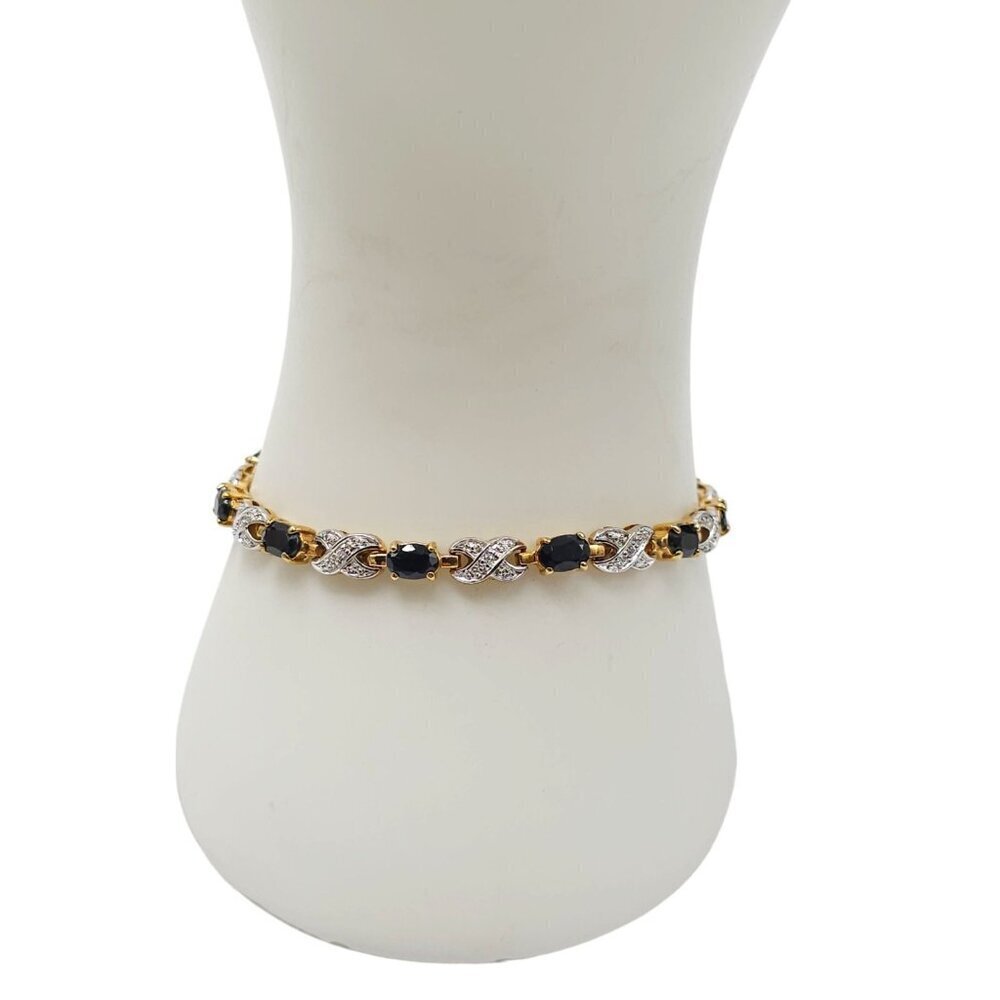 Gold Plated Blue Topaz Diamond Clip Link Tennis Bracelet Vintage 7.25 inches